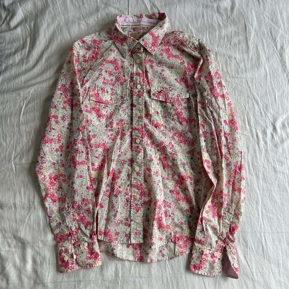 Hollister California Pink Floral Long Sleeve Button Down Shirt Size L